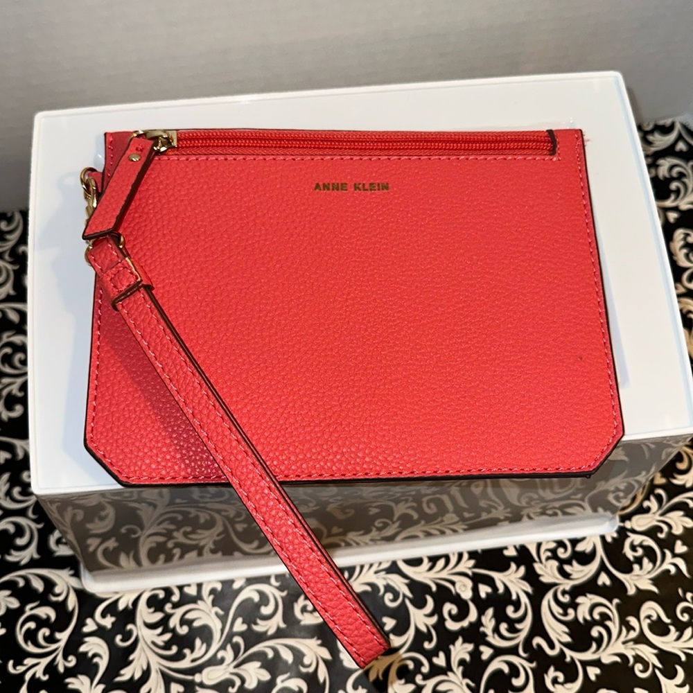 Anne Klein Wristlet coral/orange color Gold Zipper and lettering NWOT